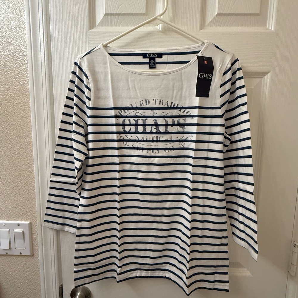 Chaps Women's Long Sleeve Top - Navy and White Stripes